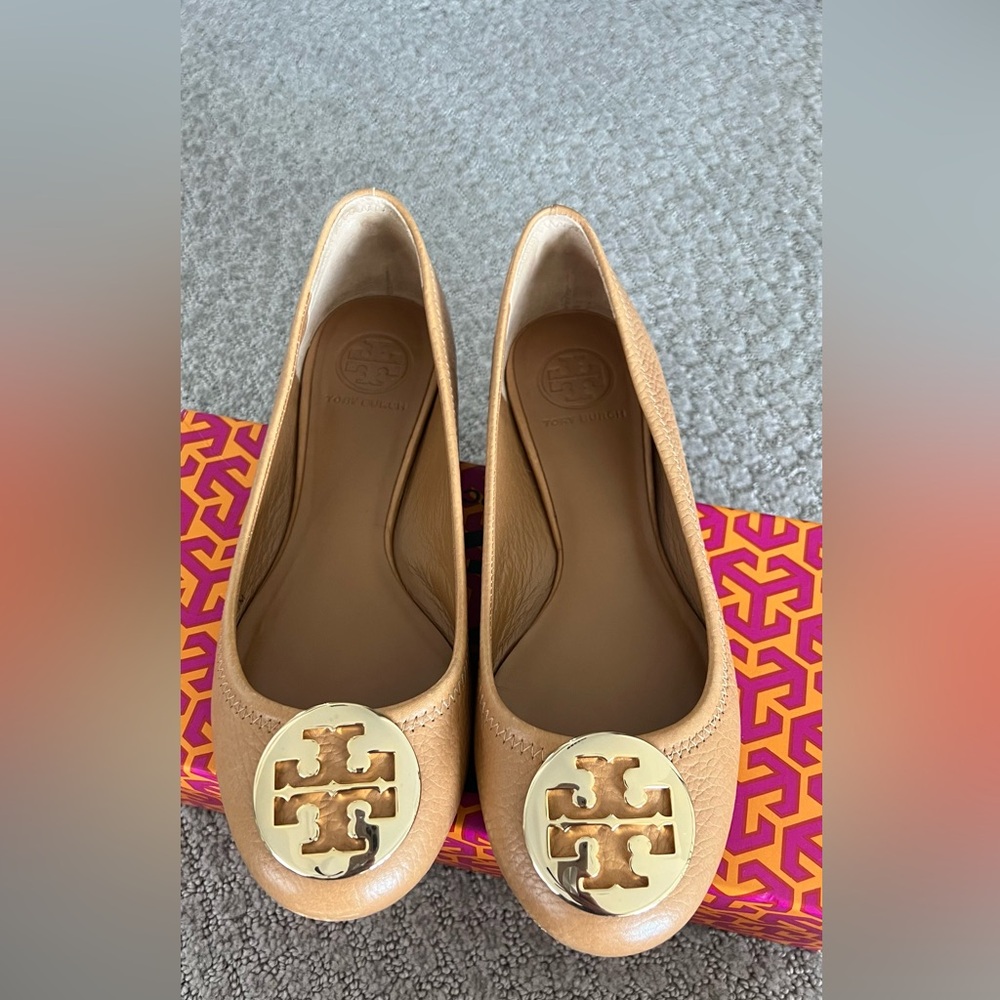 Tory Burch Gold Logo Tan Flats